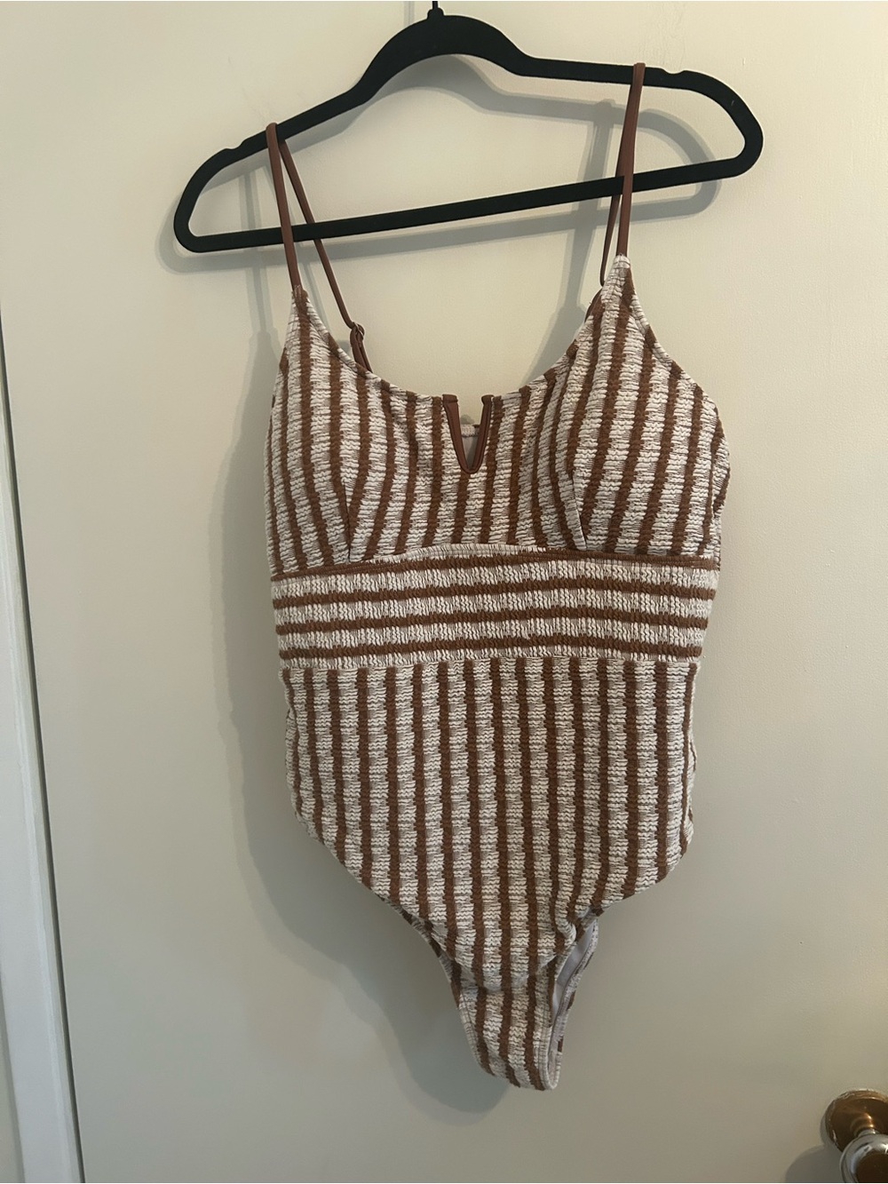 Striped Brown & White One-Piece Swimsuit -